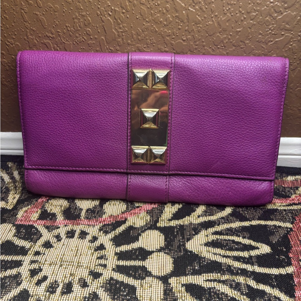 Vince Camuto Purple Leather Clutch with Gold Stud Accent